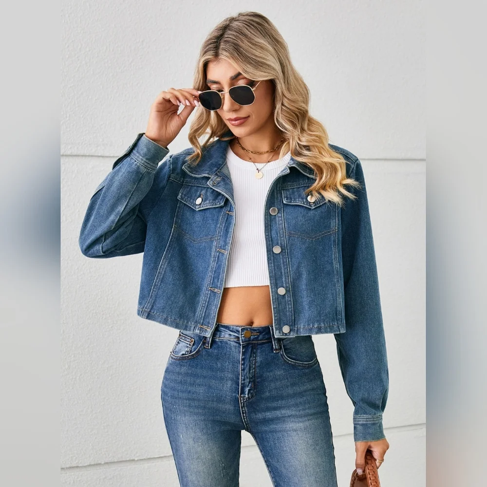 Classic Denim Jacket Blue Jean Long Sleeve Button-up Front Collar Neck Casual